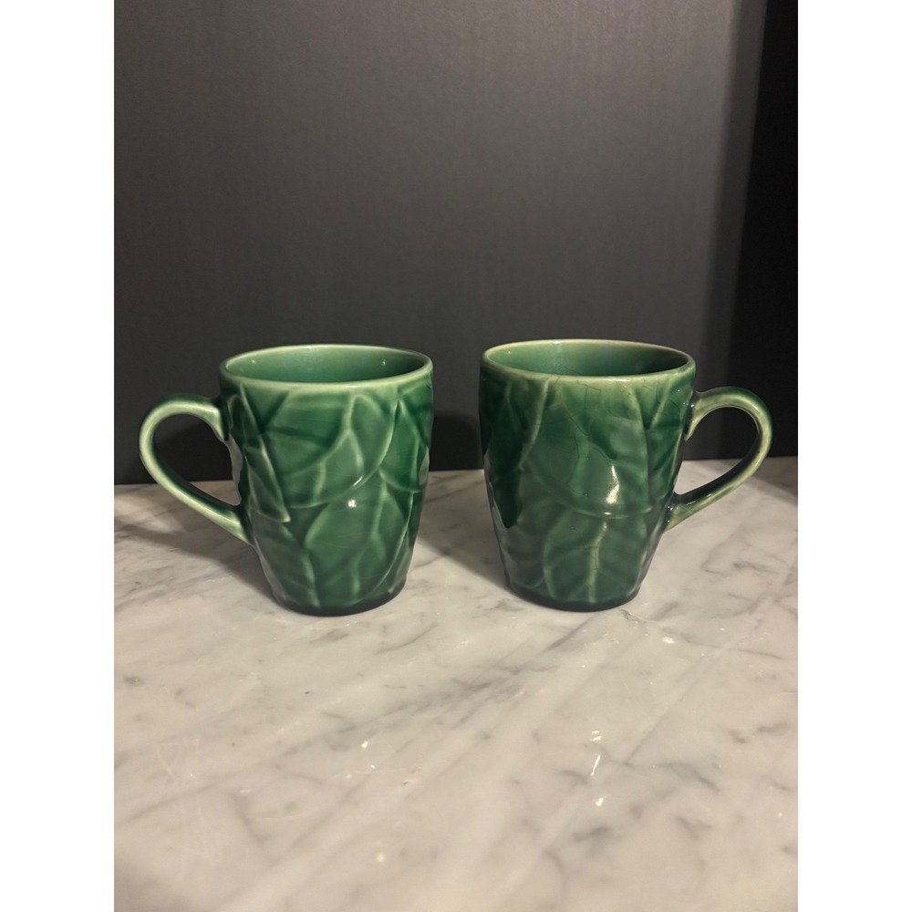 Pier 1 Jade Leaves Green Stoneware Mugs Set of 2 Embossed Crackle Glaze 4in